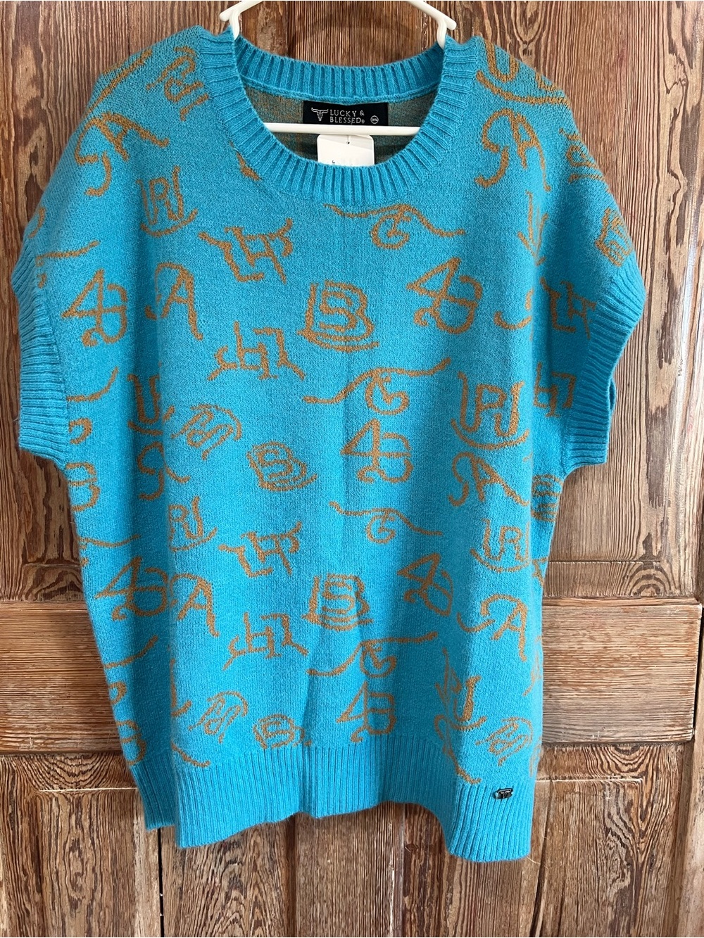 Lucky & Blessed Turquoise Crewneck Sweater with Brown Script Pattern